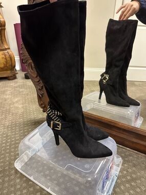 BCBGeneration Black Suede Knee-High Stiletto Boots with Studded Buckle